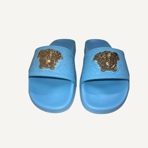 Versace Women's Gold Medusa Head Sky Blue Pool Slide Flip Flops Shoes Size 40